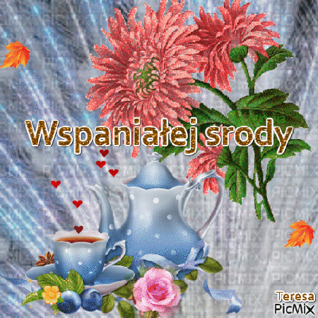 Kwiaty w dzbanku i herbata na środę